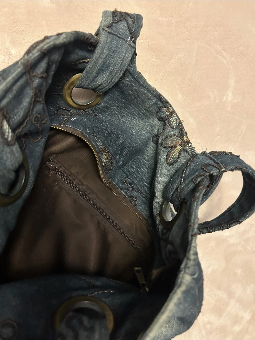 Denim Floral Embroidered Tote Bag - Blue